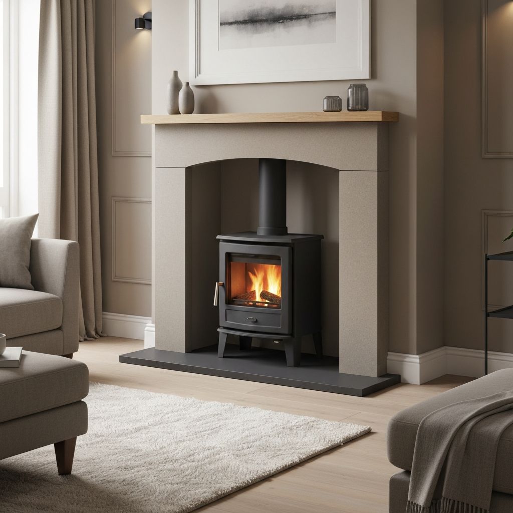 Traditional log burning stove with stone surround