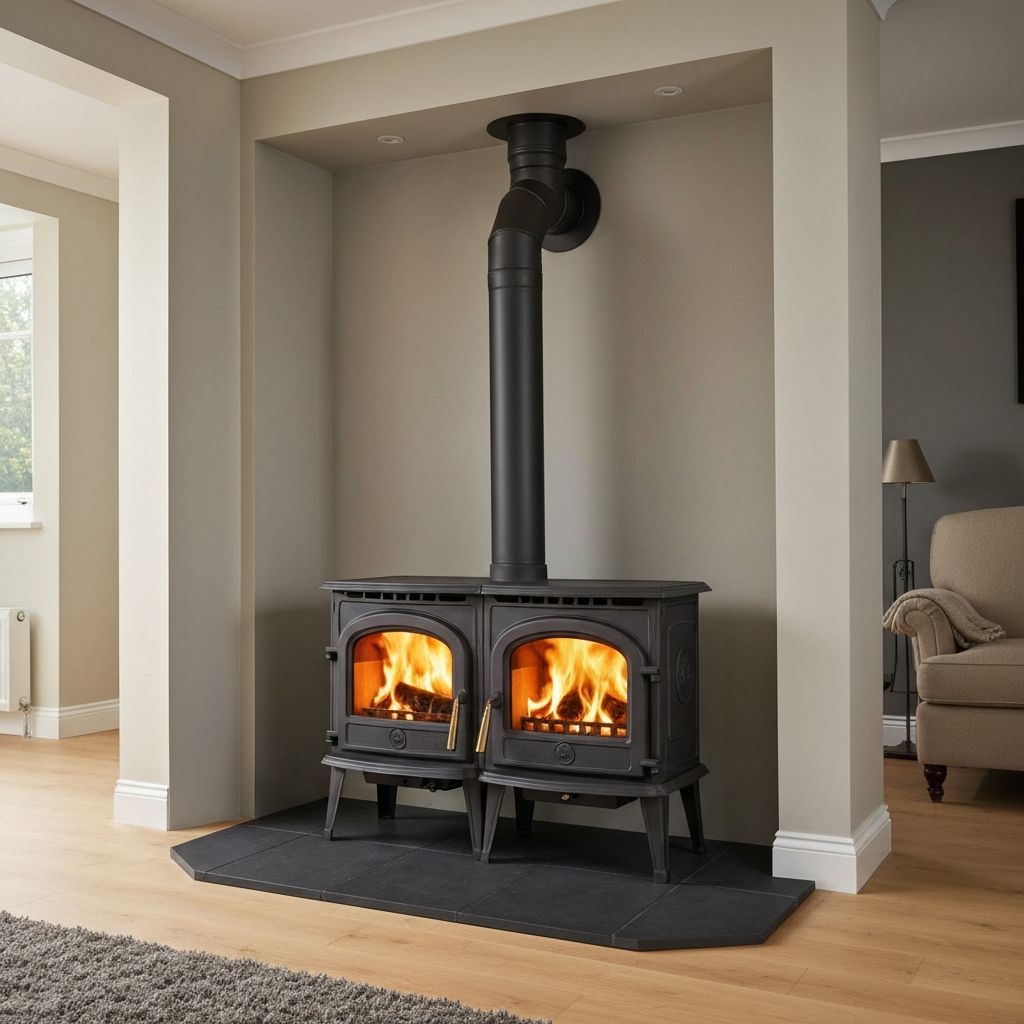 Wood burning stove with brick fireplace